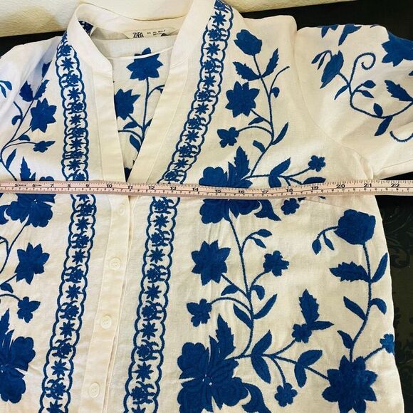 Zara Embroidered Cotton Button Down Overshirt Light Jacket White and Blue Size L - Picture 8 of 12